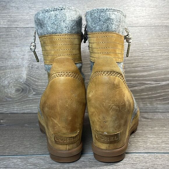 Sorel Lexie Wedge Tan Leather Gray Felt Women’s Sz 10 Lace Up Hidden Wedge Boots - Picture 4 of 11